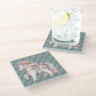 Posavasos De Vidrio Ilustración de caballo fantástico en pastel floral