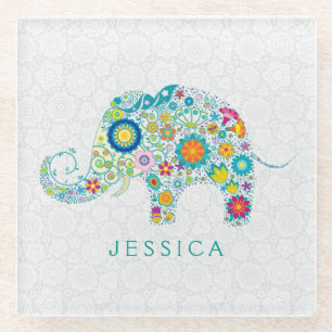 Posavasos De Vidrio Ilustracion de elefante floral retro colorido