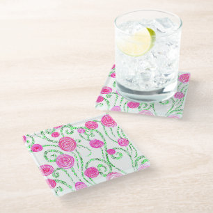 Posavasos De Vidrio Ilustracion de flores verdes y rosas