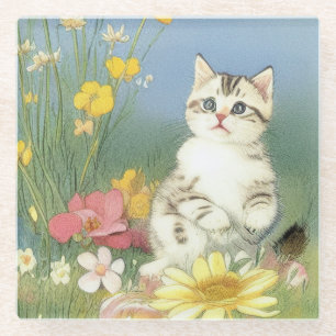 Posavasos De Vidrio Ilustracion de gatito vintage con flores amarillas