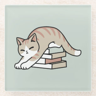 Posavasos De Vidrio Ilustracion de Gato de Amante de Libros - Curva y