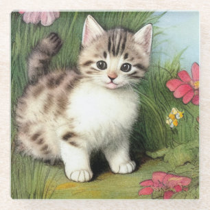 Posavasos De Vidrio Ilustracion de gato vintage con flores rojas