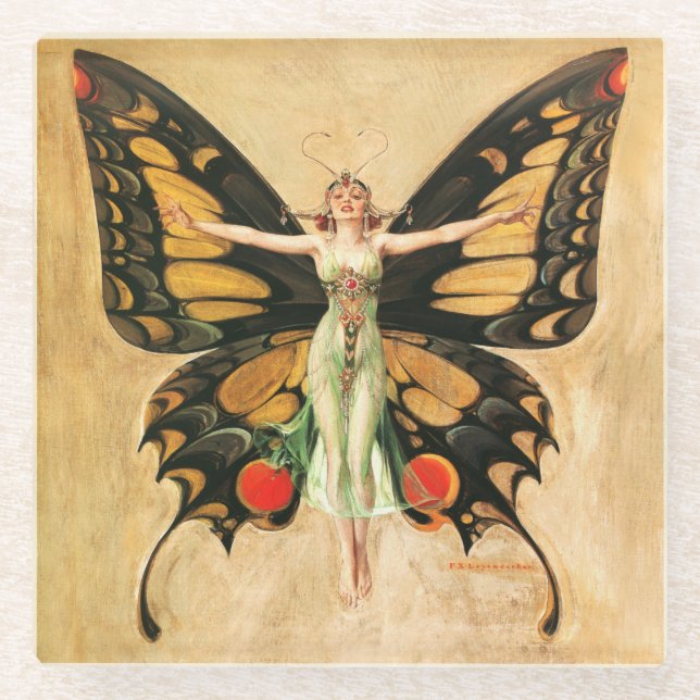 Posavasos De Vidrio Ilustracion de la mujer voladora de mariposa flapp (Anverso)