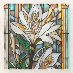 Posavasos De Vidrio Ilustracion de Lirio Blanco de Cristal Manchado