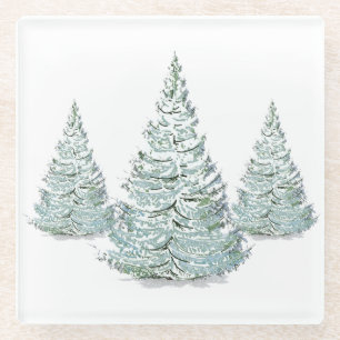 Posavasos De Vidrio Ilustracion de los Árboles de Nieve Cubierta