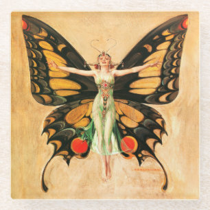 Posavasos De Vidrio Ilustración de Mujer Volando Mariposa Flapper