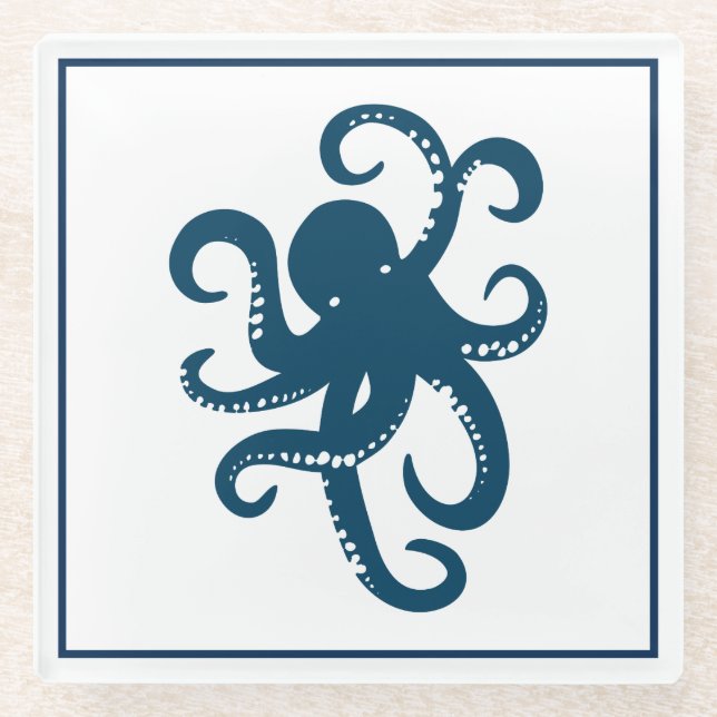 Posavasos De Vidrio Ilustracion De Octopus Azul En Blanco (Anverso)