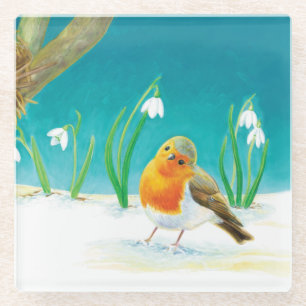 Posavasos De Vidrio Ilustración de petirrojo y campanillas de invierno