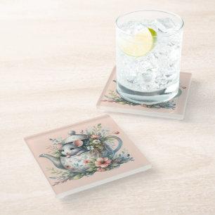 Posavasos De Vidrio Ilustración de ratón lindo en tetera floral