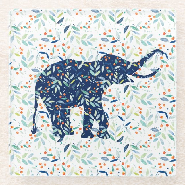 Posavasos De Vidrio Ilustracion elefante colorido de hojas botánicas (Anverso)