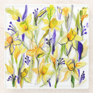 Posavasos De Vidrio Ilustración en acuarela de narcisos amarillos