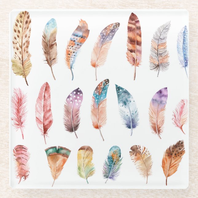 Posavasos De Vidrio Ilustración en acuarela de plumas boho vibrantes (Anverso)