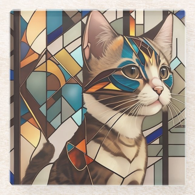 Posavasos De Vidrio Ilustracion Gato de Cristal Manchado (Anverso)