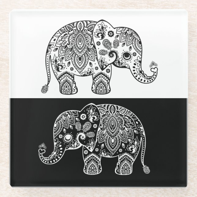Posavasos De Vidrio Ilustracion negro y blanco del elefante del cordón (Anverso)