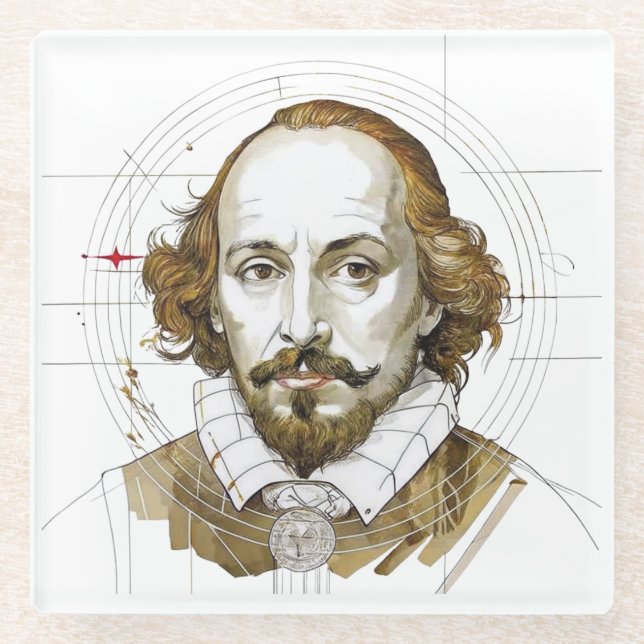Posavasos De Vidrio Ilustracion retrato de William Shakespeare Gold (Anverso)