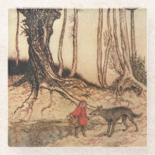 Posavasos De Vidrio Ilustración vintage de Caperucita Roja y el Lobo d