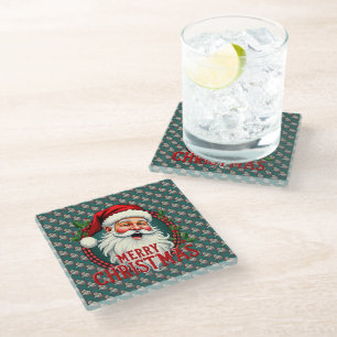 Posavasos De Vidrio Ilustración Vintage de Santa Claus con Patrón de F