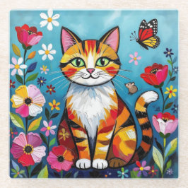 Posavasos De Vidrio Impasto Cat, Flowers & Butterfly