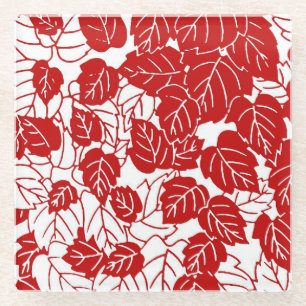 Posavasos De Vidrio Impresión de hojas japonesas, rojo oscuro y blanco