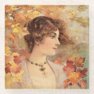 Posavasos De Vidrio Impresión de Mujer de Otoño Art Nouveau con Follaj