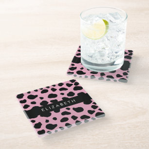 Posavasos De Vidrio Impresión de vaca, puntos de vaca, vaca rosa, nomb