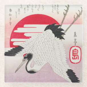 Posavasos De Vidrio Impresión en bloque de madera de grulla japonesa v