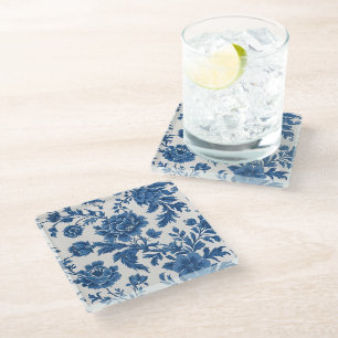 Posavasos De Vidrio Impresión floral de inspiración victoriana azul y