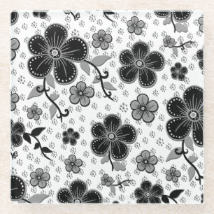 Posavasos De Vidrio Impresión floral en blanco y negro