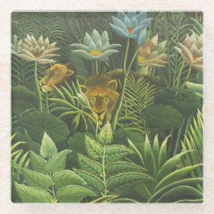 Posavasos De Vidrio Impresión vintage de león en jungla tropical de He