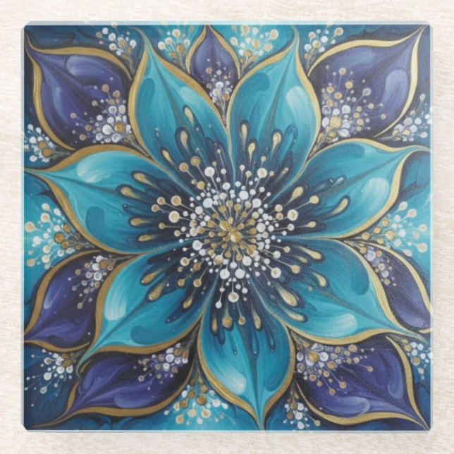 Posavasos De Vidrio IndigoTealFloralMandala  (Anverso)