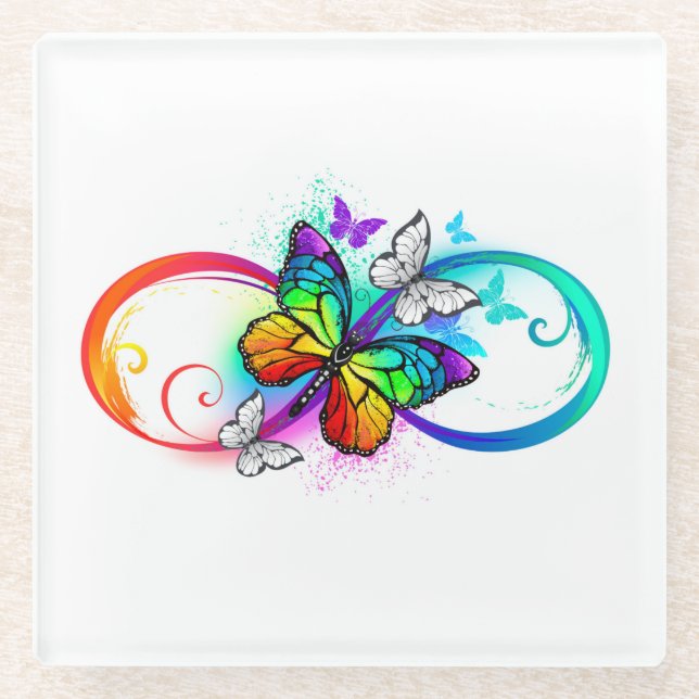 Posavasos De Vidrio Infinito brillante con mariposa arco iris (Anverso)