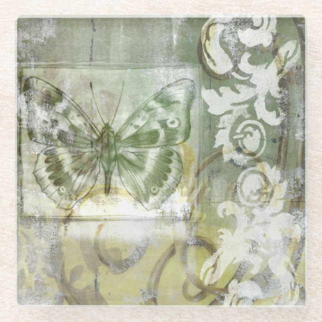 Posavasos De Vidrio Inserción verde de la mariposa con la puerta de la (Anverso)