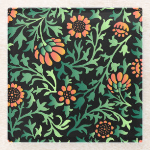 Posavasos De Vidrio Intrincado patrón floral con hojas verdes