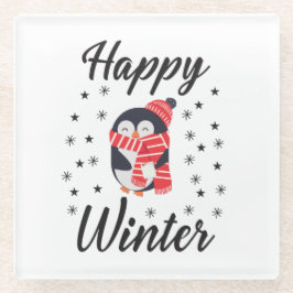 Posavasos De Vidrio Invierno feliz, pingüino lindo