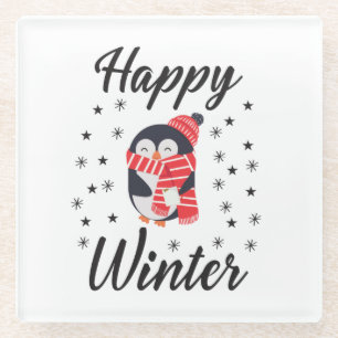 Posavasos De Vidrio Invierno feliz, pingüino lindo