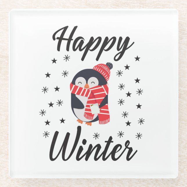 Posavasos De Vidrio Invierno feliz, pingüino lindo (Anverso)