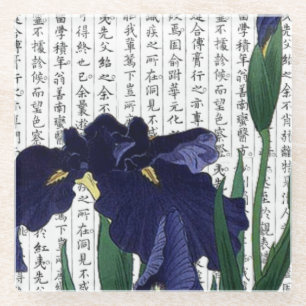 Posavasos De Vidrio Iris azul asiático sobre fondo Kanji