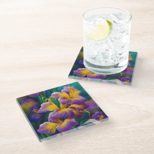 Posavasos De Vidrio Iris Floral Púrpura y hojas verdes azules de oro