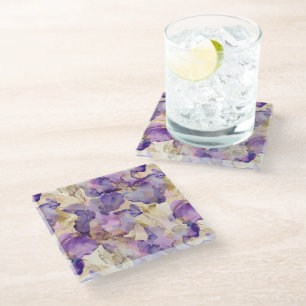 Posavasos De Vidrio Iris Floral Rosa Dorado Púrpura Romántico para Des