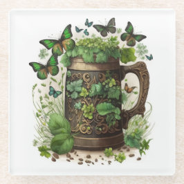 POSAVASOS DE VIDRIO IRISH CELTIC MUG OF GREEN SHAMROCKS & BUTTERFLIES