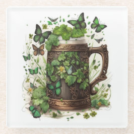 POSAVASOS DE VIDRIO IRISH CELTIC MUG OF GREEN SHAMROCKS & BUTTERFLIES