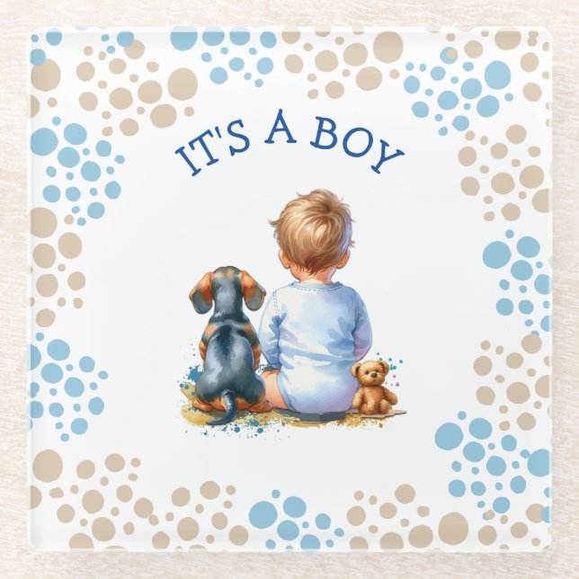 Posavasos De Vidrio It's a Boy | Baby and Dachshund Puppy Baby Shower (Anverso)
