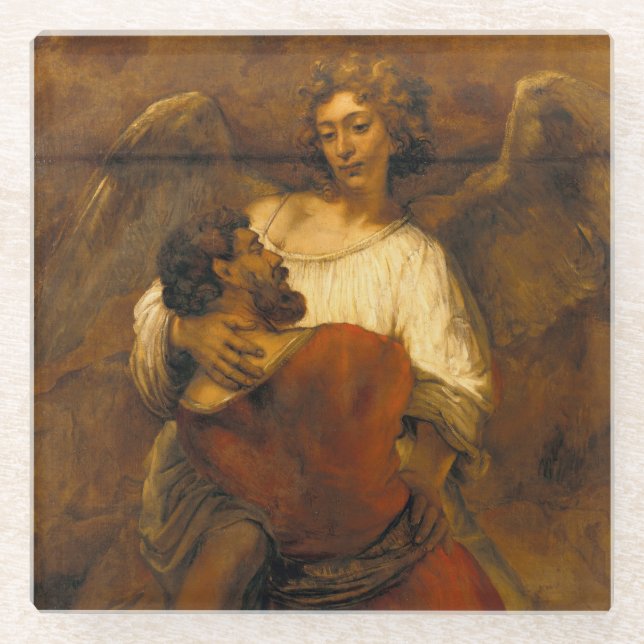 Posavasos De Vidrio Jacob Wrestling with the Angel - Rembrandt - c1659 (Anverso)