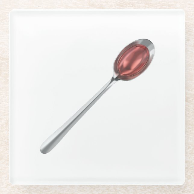 Posavasos De Vidrio Jarabe rojo en cuchara de plata (Anverso)
