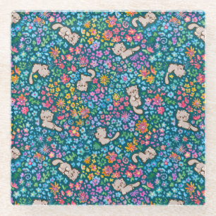 Posavasos De Vidrio Jardín Caprichoso de Pebble Gato Gris y Floral Bri
