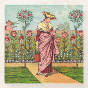 Posavasos De Vidrio Jardín Crecer Flor Mujer Arte Antiguo