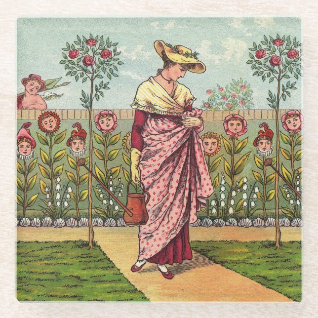 Posavasos De Vidrio Jardín Crecer Flor Mujer Arte Antiguo (Anverso)