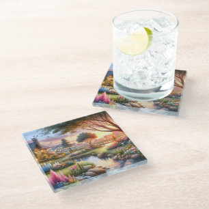Posavasos De Vidrio Jardín de Cabaña Caprichosa al Atardecer