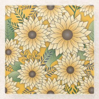 Posavasos De Vidrio Jardín de Girasoles Soleados Florales Amarillos en