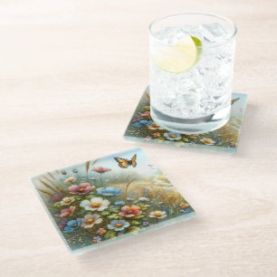 Posavasos De Vidrio Jardín de Mariposas del Prado de Flores Silvestres
